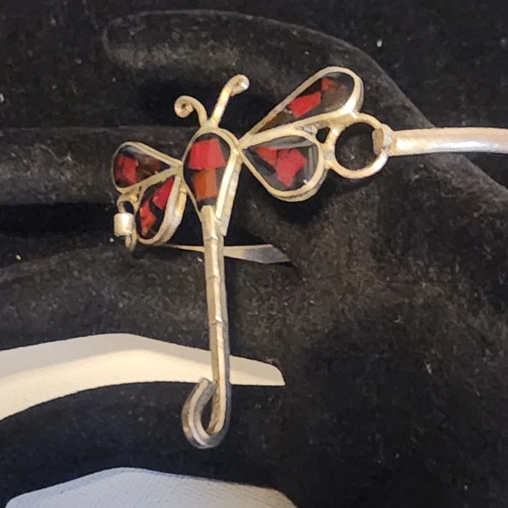 Vintage Dragonfly Inlay Cuff Bracelet Red Black‎ Mosaic Silver Tone Artisan Boho